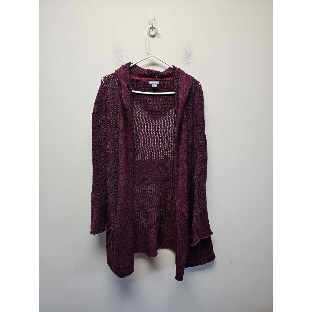 Eddie Bauer Womens Open Front Hooded Cardigan Burgundy Linen Blend Sweater M